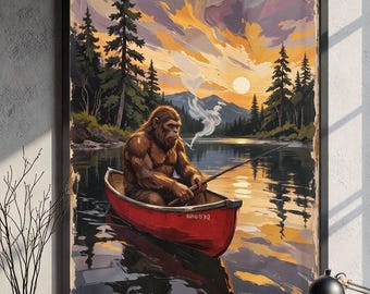 Bigfoot Wall Art, Sasquatch Poster, Bigfoot Lake Print, Funny Cabin Wall Decor, Retro National Park Art, Lake House Decor, Fishing Cabin Art