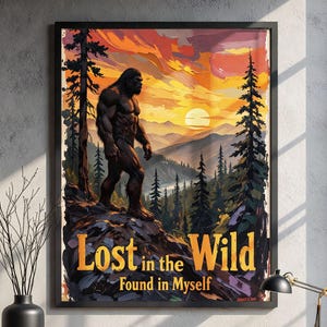 Bigfoot Hiking Poster: Sasquatch in Forest - Cabin Decor