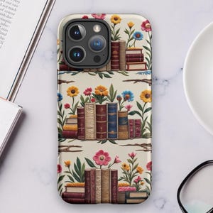 Telefoonhoesje met geborduurde bloem, Cottagecore-cover, boekenliefhebber, bloemenesthetiek, 3D-look, cadeau voor haar, iPhone 16 15 14 Pro Max