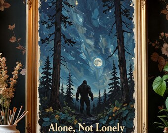 Bigfoot Forest Poster Night Sky Wall Art Mystical Sasquatch Print Wilderness Nature Decor Gift
