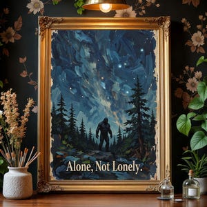 Bigfoot Wall Art Poster - Sasquatch Night Sky Forest Print, Cryptid Wilderness Decor, Cosmic Bigfoot Gift for Nature Lovers