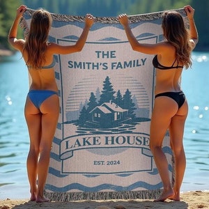 Lake House Personalized Blanket Rustic Family Name Woven Throw Cozy Cabin Decor Waterfront Gift