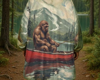 Bigfoot Fishing Blanket Hoodie | Cozy Oversized Fleece Hoodie Blanket | Camping Gift for Men | Funny Outdoor Cryptid