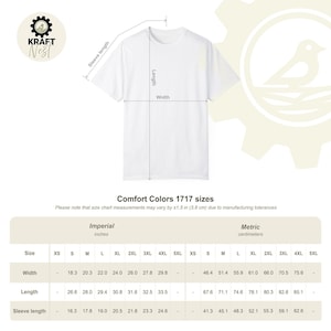 May include: White Comfort Colors 1717 t-shirt with size chart. The chart shows measurements in inches and centimeters for width, length, and sleeve length. The t-shirt sizes range from XS to 5XL.