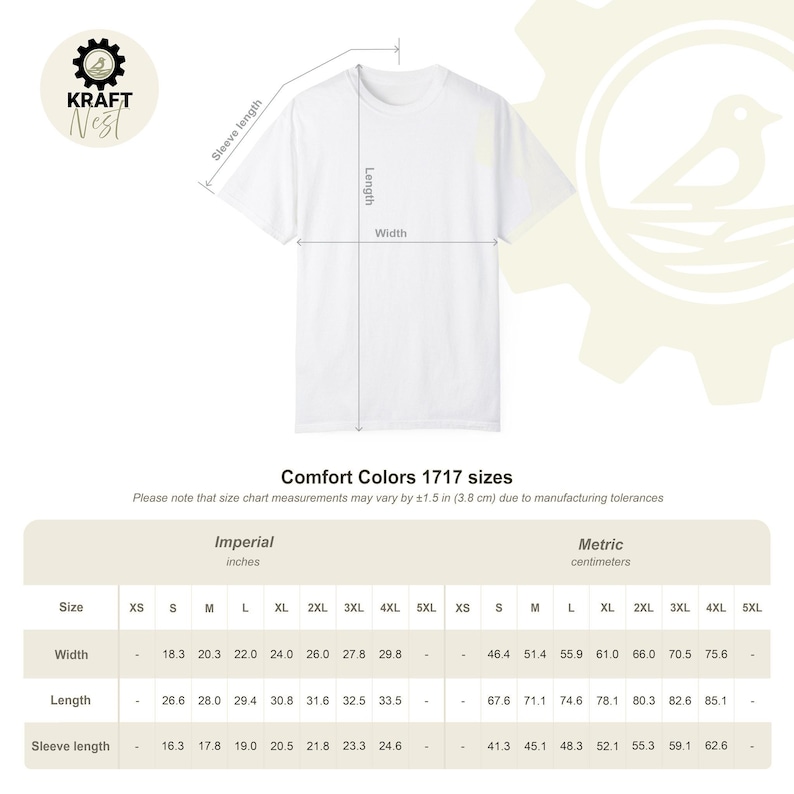 May include: White Comfort Colors 1717 t-shirt with size chart. The chart shows measurements in inches and centimeters for width, length, and sleeve length. The t-shirt sizes range from XS to 5XL.