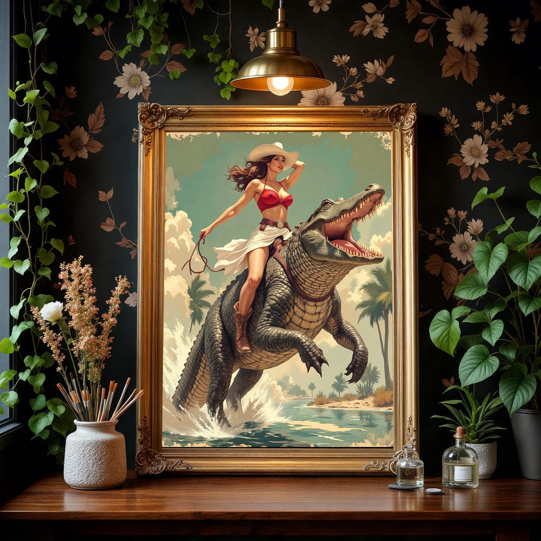 Affiche Vintage Cowgirl à Cheval Avec Alligator - Poster Rétro Western - Décoration Murale