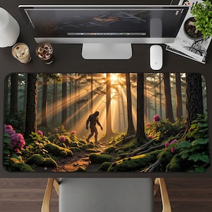 May include: A rectangular desk mat featuring a forest scene with a figure walking on a path. The image shows tall trees, sunlight, and pink flowers. The mat is designed to protect the desk surface and provide a smooth surface for a mouse.