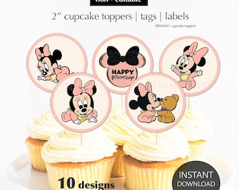 May include: Ten 2-inch round cupcake toppers featuring a cartoon baby Minnie Mouse in various poses. The toppers are printed on pink and white backgrounds with the text "Happy Birthday".