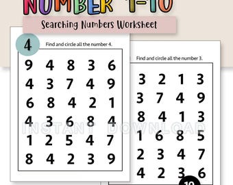 May include: A worksheet for preschool or kindergarten with the title "NUMBER 1-10" and the text "Searching Numbers Worksheet". The worksheet has two pages with number search activities. One page asks to find and circle the number 4, and the other asks to find and circle the number 3.