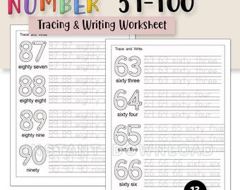 May include: A educational worksheet set titled NUMBER 51-100 Tracing & Writing Worksheet. The pages feature large outlined numbers from 63 to 90 with dotted lines for tracing, accompanied by the written word for each number and practice lines.