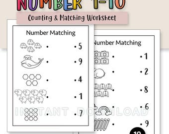 May include: A black and white counting worksheet for preschool and kindergarten. The worksheet features the text "NUMBER 1-10" and "Counting & Matching Worksheet". The worksheet includes number matching exercises with illustrations of cars, whales, and sheep.