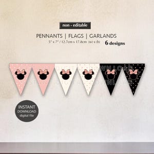 Puede incluir: Un conjunto de seis banderines triangulares en rosa, blanco y negro, cada uno con un diseño de Minnie Mouse. Las banderas miden 12,7 cm x 17,8 cm y muestran el texto "PENNANTS | FLAGS | GARLANDS" y "6 designs". También se ve el texto "INSTANT DOWNLOAD digital file".