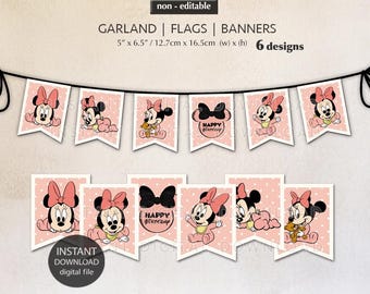 May include: A printable garland with six designs featuring a pink and white polka dot background with a cartoon image of Minnie Mouse in different poses. The garland is 5 inches wide by 6.5 inches tall. The text "Happy Birthday" is included on one of the designs.