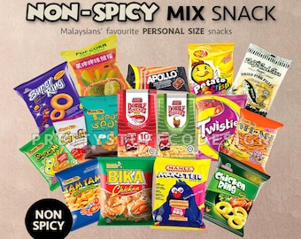 May include: A collection of individually packaged snacks, including chips, crackers, and cookies, with the text "NON-SPICY MIX SNACK." The image features various brands and flavors, such as "Super Ring," "Potato Crisp," and "Chicken Ring."