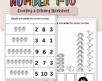 May include: A counting and coloring worksheet for preschool and kindergarten students. The worksheet features the text "NUMBER 1-10" and includes exercises to count and circle numbers, and write the correct number. The image shows grapes, rainbows, and ducks.
