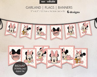 May include: Pink and white banner with a Minnie Mouse theme. The banner has six flags with different images of Minnie Mouse. The flags are 5 inches wide by 6.5 inches tall. The text on the banner says "Happy Birthday".