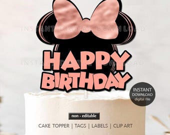 May include: A pink and black cake topper with a mouse head silhouette, a pink bow, and the words "Happy Birthday".