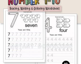 May include: A worksheet for preschool and kindergarten featuring numbers 1-10. The pages include tracing, writing, and coloring activities. The image shows the number 7 with sheep and the number 4 with rabbits. The text says "Instant Download".