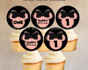 May include: Six cupcake toppers with black and pink mouse ears, a bow, and text that says "Happy Birthday" and "One".