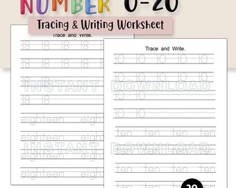May include: A set of educational worksheets titled NUMBER 0-20 Tracing & Writing Worksheet. The pages feature lines for practicing the numbers 10 and 18, including both digits and written words in a dotted font. A black circular badge indicates 20 pages.