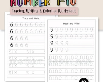 May include: A worksheet for preschool and kindergarten with the title "NUMBER 1-10 Tracing, Writing & Coloring Worksheet." The worksheet includes tracing and writing practice for the numbers 6 and 9, along with the word "six" and "nine."
