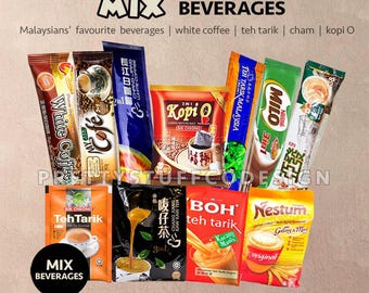May include: A collection of Malaysian beverage packets, including white coffee, teh tarik, and Milo 3-in-1. The image features various brands and packaging designs, with text that reads "MIX BEVERAGES" and "Malaysians' favourite beverages."