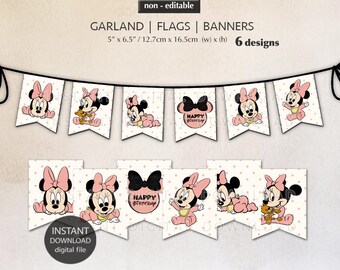 May include: A banner garland featuring Minnie Mouse designs. Each flag is 5 inches wide and 6.5 inches tall, with a polka dot background and Minnie Mouse illustrations in pink and black. The garland includes the text "Happy Birthday".