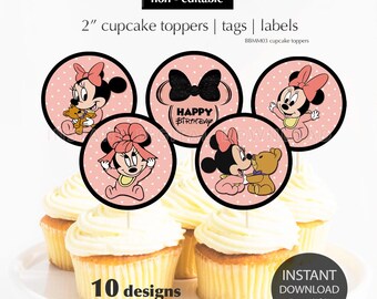 May include: Ten 2-inch round cupcake toppers featuring Minnie Mouse in various poses. The toppers are printed on a pink background with white polka dots. The text "HAPPY BIRTHDAY" is featured on one of the toppers.