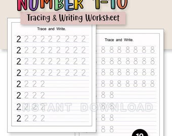 May include: A worksheet for preschool and kindergarten featuring the numbers 1-10. The colorful title reads "NUMBER 1-10" above the text "Tracing & Writing Worksheet." The pages have lines for tracing and writing numbers. The image shows "2" and "8" as examples.