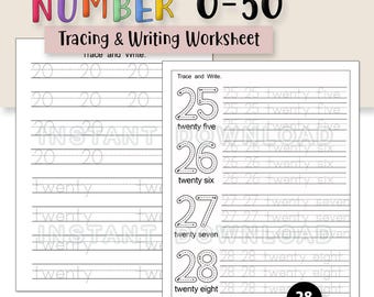 May include: A 28-page educational worksheet set titled NUMBER 0-50 Tracing & Writing Worksheet. The pages feature black text on white paper, including dashed lines for tracing numbers 20 through 28 and their corresponding written words.