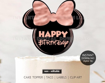 May include: Black and rose gold cake topper featuring a silhouette of Minnie Mouse with the words "Happy Birthday".