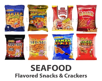 May include: An assortment of eight colorful bags of seafood-flavored snacks and crackers. The bags feature various designs, including cartoon crabs, shrimp, and other characters. The text "SEAFOOD Flavored Snacks & Crackers" is displayed at the bottom.