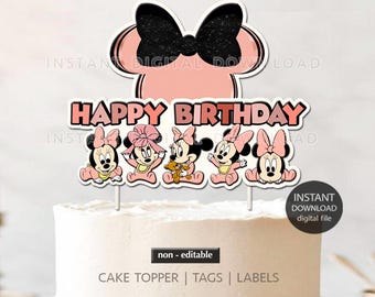May include: Pink and black cake topper featuring a cartoon mouse head with a bow and five smaller cartoon mice. The topper says "Happy Birthday".