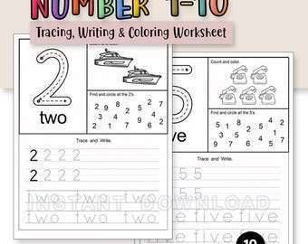 May include: A worksheet for preschool and kindergarten children. The colorful title reads "NUMBER 1-10". The worksheet includes tracing, writing, and coloring activities for numbers 1 through 10. The image shows examples of the number 2 and 5.