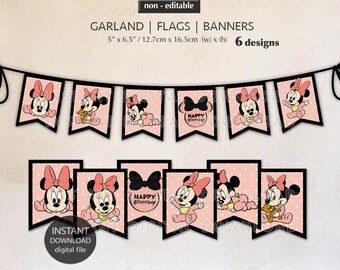 May include: A printable garland banner featuring six different designs of Minnie Mouse in pink and black. The banner is perfect for a baby shower or birthday party.