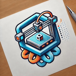 May include: A detailed illustration of a 3D printer in blue, orange, and grey. The printer has a cube on its platform, with curved lines and a detailed design. The image is on a white surface with a pen in the upper right corner.