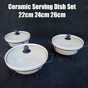 Ceramic Serving Pots 3pc with Glass Lid, Steel Stand and Candle | 22, 24, 26cm | Ceramic Pot Set