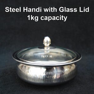 Steel Handi with Glass Lid for Serving | 1kg capacity | 9 Inch | Hammered Design