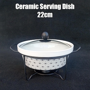 Ceramic Serving Pot with Glass Lid, Steel Stand and Candle | 22cm | Serving pot
