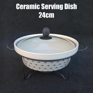 Ceramic Serving Pot with Glass Lid and Steel Stand and Candle | 24cm | Serving pot