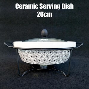 Ceramic Serving Pot with Glass Lid and Steel Stand and Candle | 26cm | Serving pot