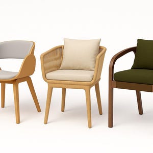 May include: Three modern armchairs with wooden frames. The first chair has a light gray seat and back. The second chair has woven sides and a cream cushion. The third chair has a dark green cushion.