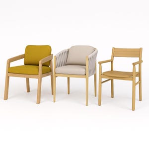 May include: Three wooden armchairs with different designs. One has a mustard yellow cushion, another has a beige cushion and rope-like armrests, and the third is a simple wooden chair. All chairs have light wood frames.