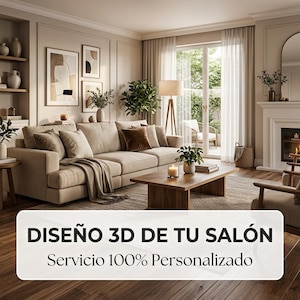 Puede incluir: Un salón de tonos neutros con un gran sofá seccional beige con cojines y una manta. También hay una mesa de centro de madera, plantas y obras de arte. El texto en la imagen dice "DISEÑO 3D DE TU SALÓN Servicio 100% Personalizado."