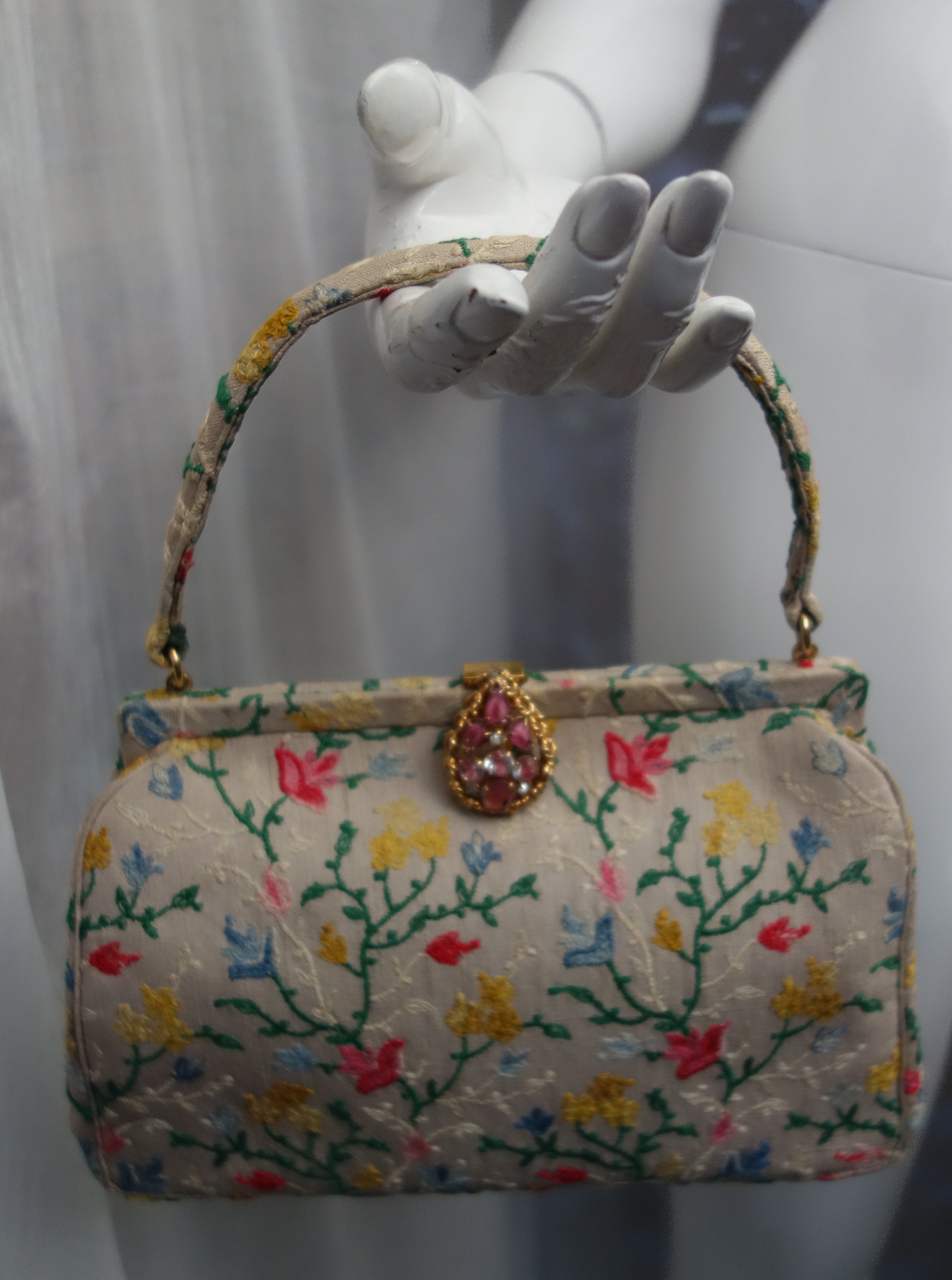 Koret Roses Frame Carpet Bag Rare 1960s Leather Interior Handbag