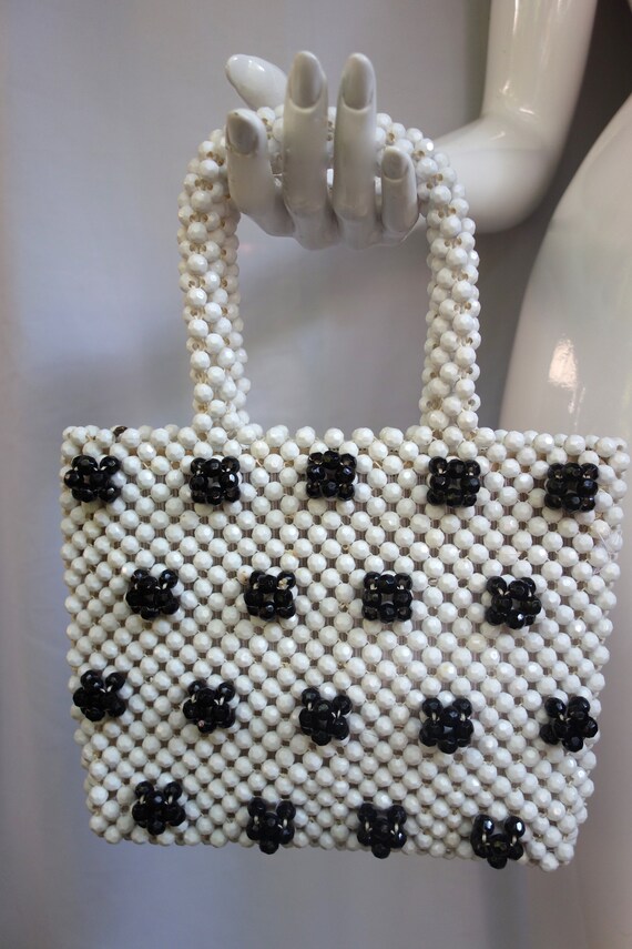 Vintage Beaded White Black Handbag Italy