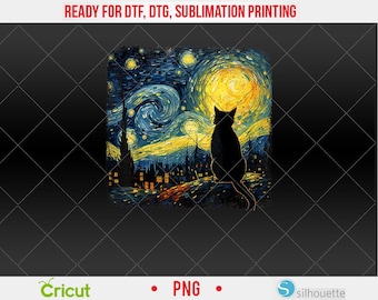 Kot Gwiaździsta Noc Van Gogh Kot Dla Miłośnika Kotów Kocia Mama Kocia Tata PNG, DTF, Projekt Sublimacji