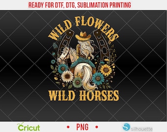 Koszulka Retro Southern Sunset Cowgirl Wild Flowers, Wild Horses PNG, DTF, projekt sublimacji