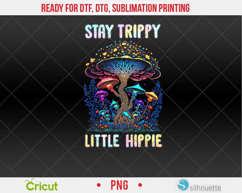 May include: A colorful graphic featuring a large mushroom with a blue and yellow cap and smaller mushrooms in various colors. The text "STAY TRIPPY LITTLE HIPPIE" is displayed in a rainbow font. The background is black with a diamond pattern.