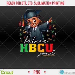 Peut inclure: Graphique numérique représentant un diplômé de dessin animé en chapeau et toge, faisant un dab. Le texte se lit « future HBCU grad » en vert, orange et blanc. Le fond est noir avec un motif en losange.